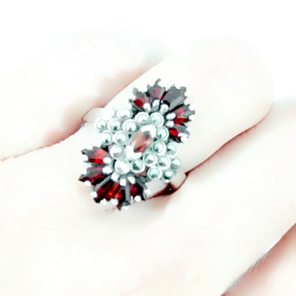 Antique Victorian Garnet & Marcasite Sterling Silver Ring-6 - Picture 7 of 8